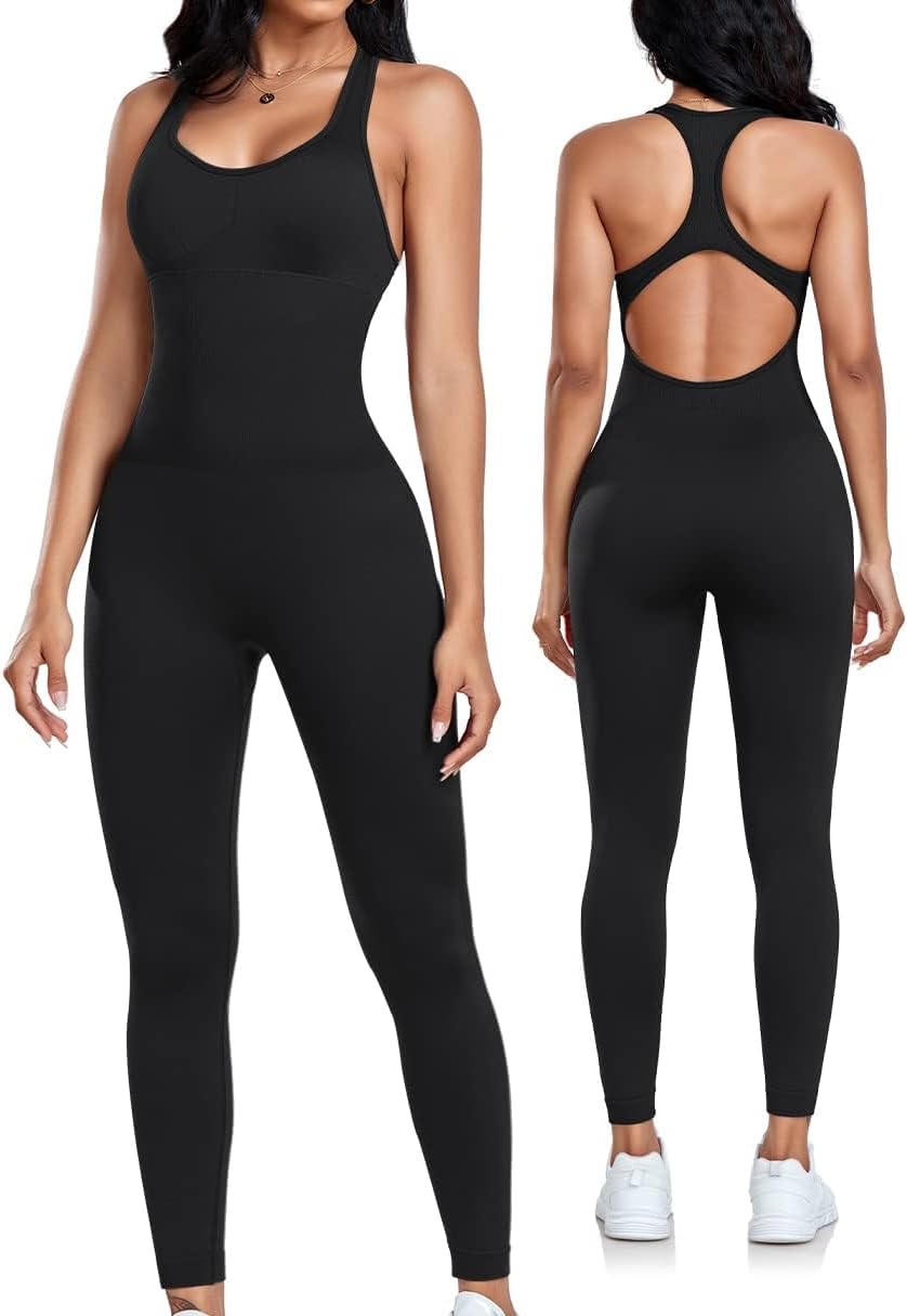 Womens Workout Jumpsuits Seamless Yoga Gym Bodycon Rompers Sexy Racerback Tummy Control Padded Bra Unitard