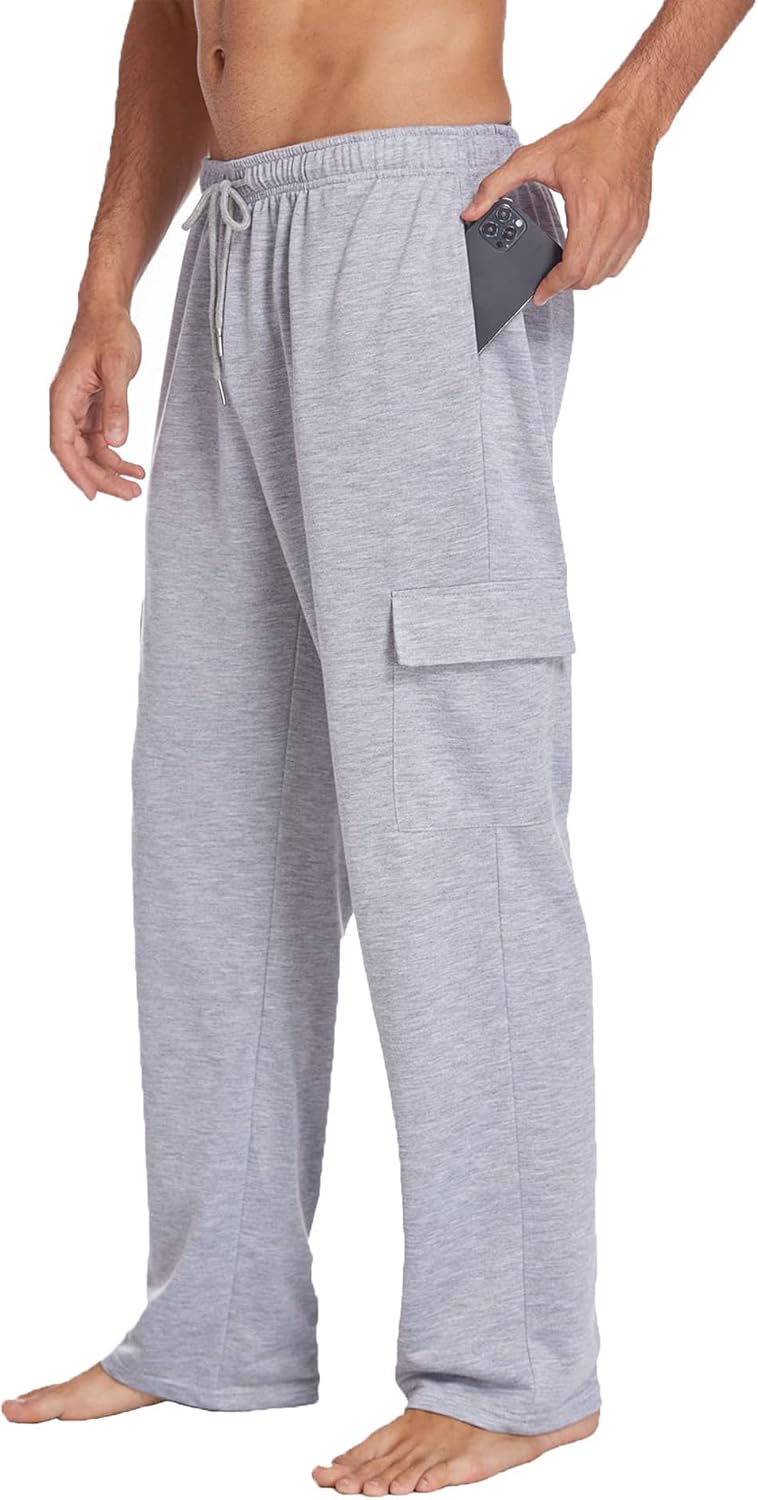 Men's Cargo Sweatpants Open Bottom Baggy Sweat Pants for Mens Straight Leg Gym Cargo Sweats Lounge Pants with Pockets
