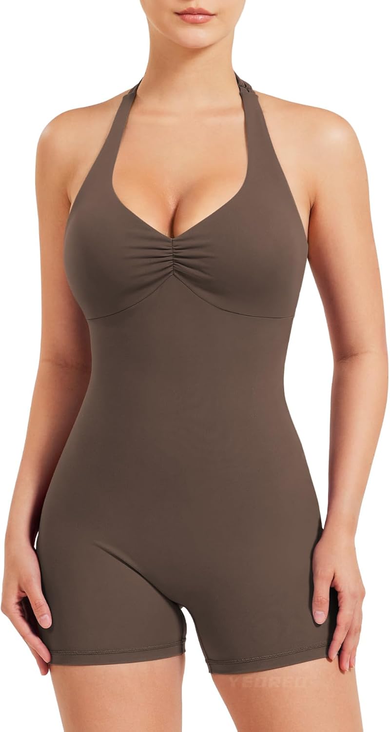 Women Halter Workout Jumpsuits One Piece Backless Bodycon Bodysuits Hidden Scrunch V Back Yoga Short Romper