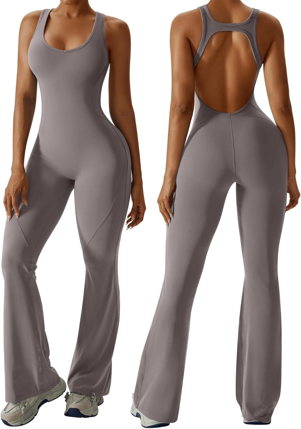 Womens Flare Jumpsuit with Bra Tummy Control Cutout Romper Workout Outfit Sleeveless Unitard One Piece Backless Bodysuit