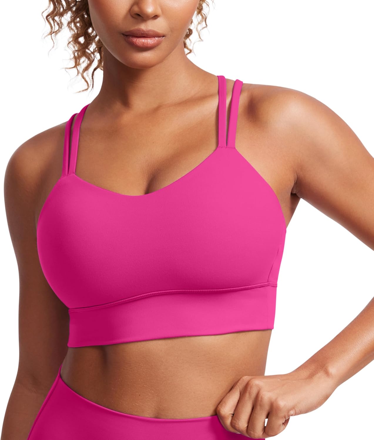 Womens Strappy Longline Sports Bra - Molded Cup Double Spaghetti Strap Workout Bra Yoga Crop Tank Top