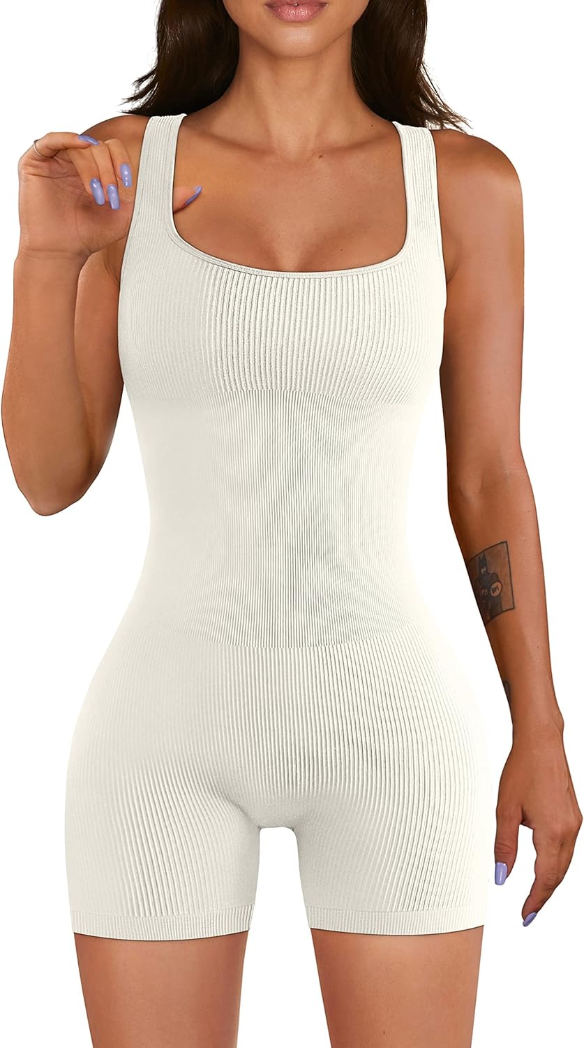Women Workout Romper Yoga Ribbed Square Neck One Piece Seamless Tank Top Jumpsuit