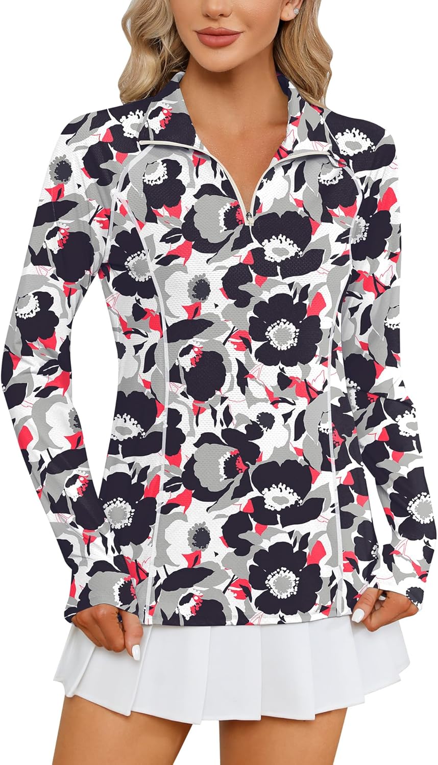 Women Long Sleeve Shirts Sun Protection 1/4 Zip Summer Quick Dry Hiking Shirts Quarter Zip Pullover for Women