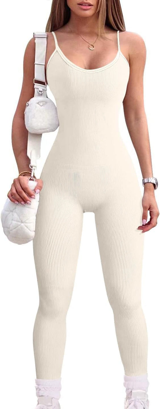 Women Workout Seamless Jumpsuit Yoga Ribbed Bodycon One Piece Spaghetti Strap Leggings Romper
