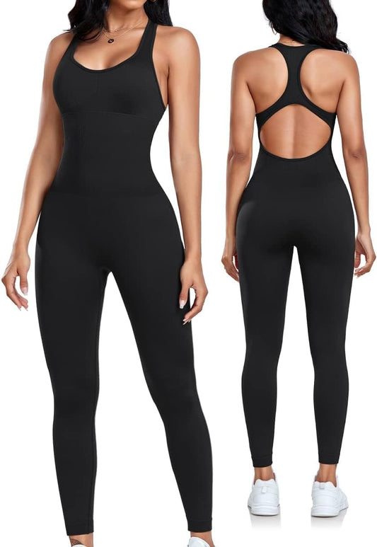 Womens Workout Jumpsuits Seamless Yoga Gym Bodycon Rompers Sexy Racerback Tummy Control Padded Bra Unitard