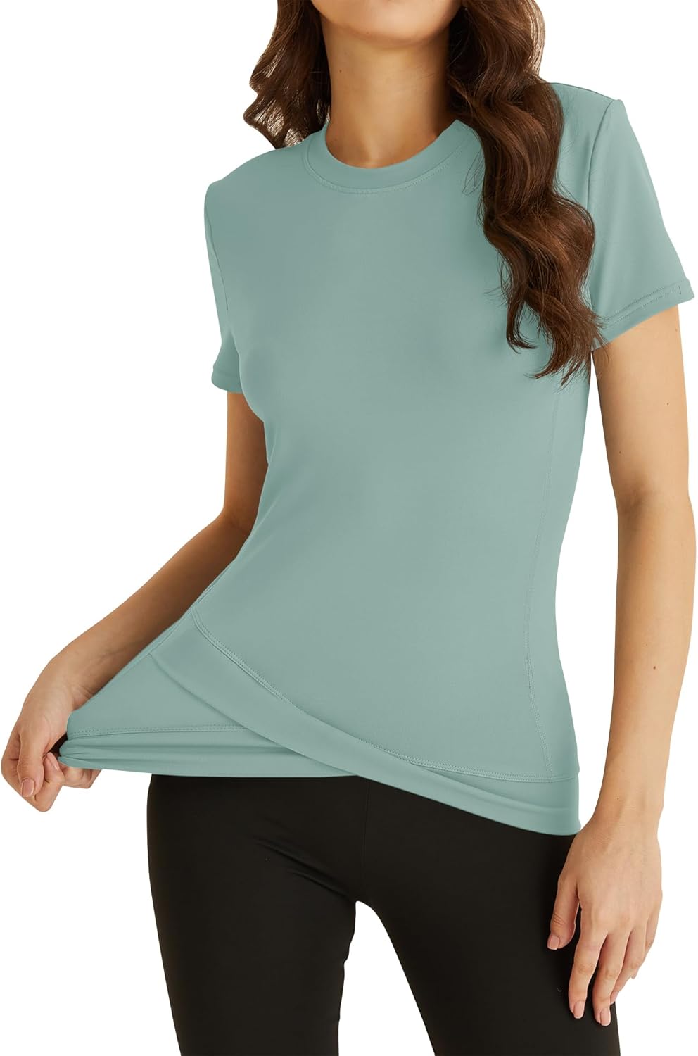 Workout Tops for Women Short Sleeve Cross Hem Athletic Compression Shirts Breathable Yoga T-Shirts