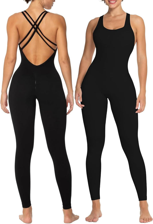 Jumpsuits for Women Backless, Seamless Workout One Piece Bodycon Bodysuits, Butt Scrunch Leggings Unitard