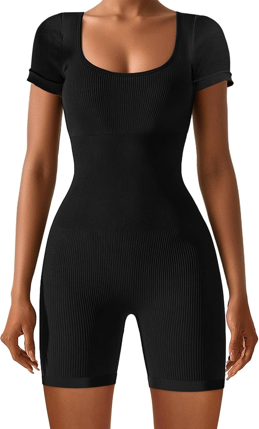 Rompers for Women Workout Seamless Romper Yoga Ribbed One Piece Tank Tops jumpsuits Short Sleeve Tummy Control Rompers