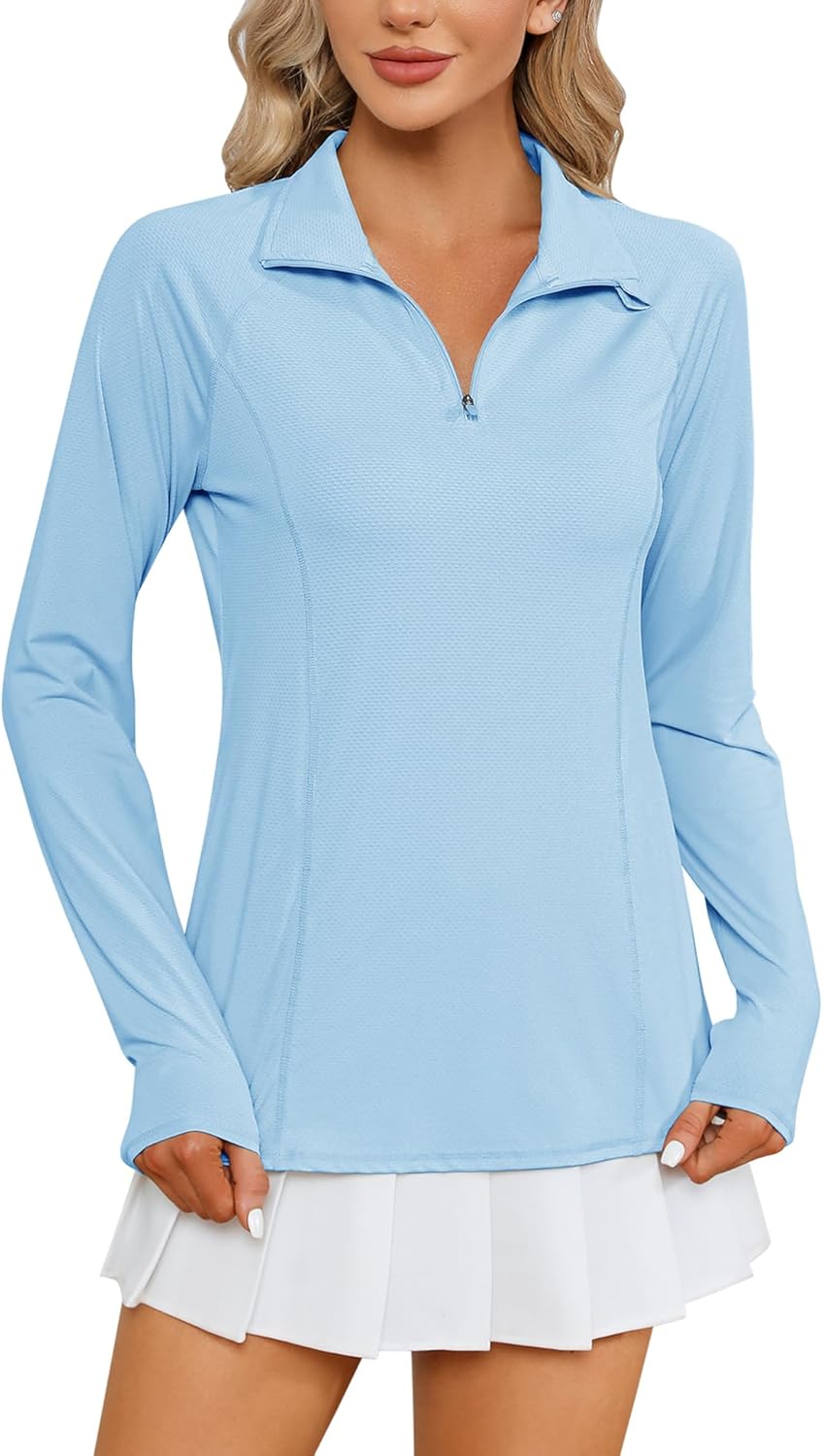 Women Long Sleeve Shirts Sun Protection 1/4 Zip Summer Quick Dry Hiking Shirts Quarter Zip Pullover for Women
