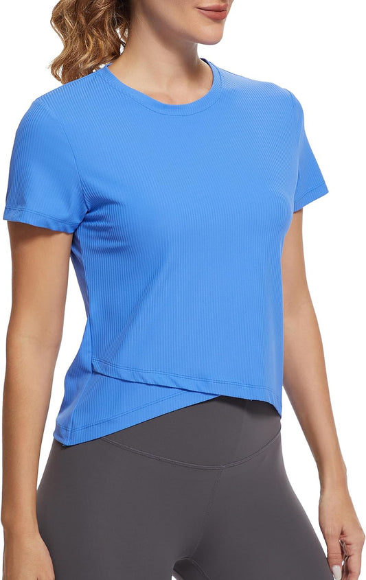 Cross Hem Workout Shirts for Women Short Sleeve Yoga Athletic Tees Ribbed Seamless Sports Breathable Tops