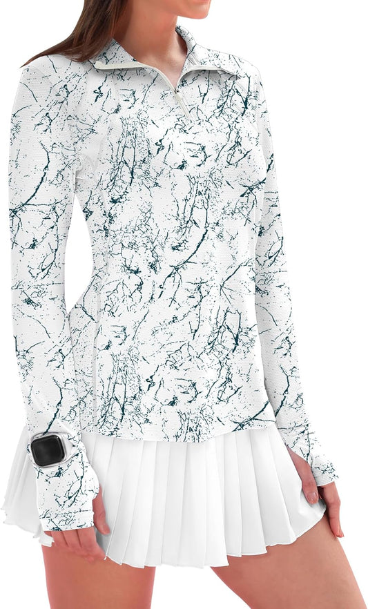 Womens Long Sleeve Golf Shirts Sun Protection 1/4 Zip Pullover Summer Quick Dry Athletic Hiking Running Workout Tops