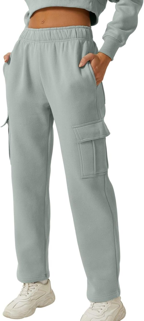 Medium waist baggy elastic fleece long pants, pockets