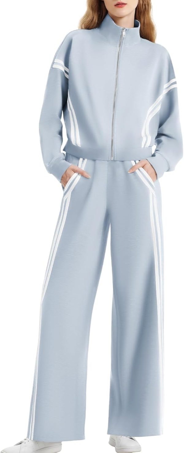Zip up contrast striped wide leg jogging travel track suit