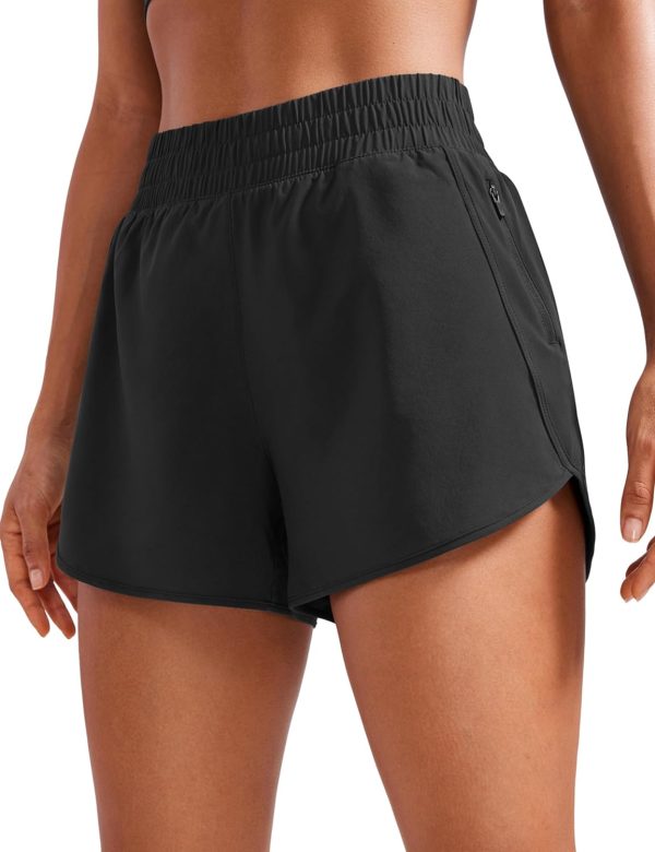 High waisted 3" dolphin running shorts, mesh liner, zip pocket